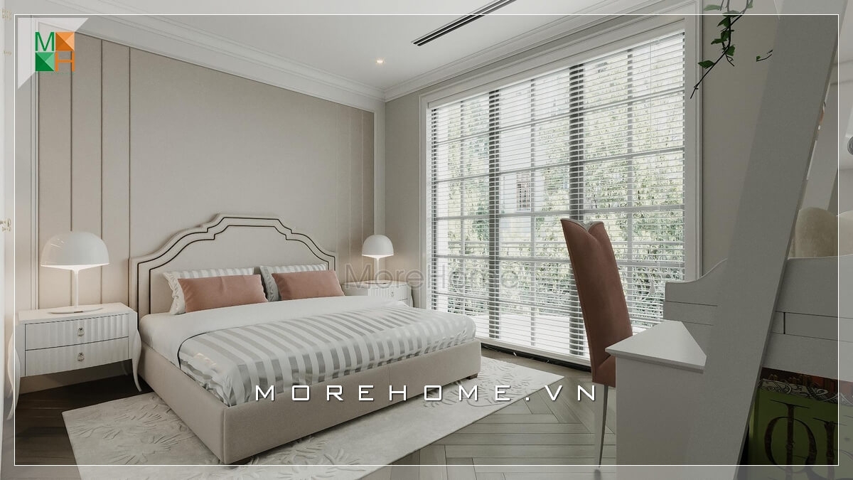 Thiết kế phòng ngủ hiện đại trong không gian biệt thự, nhà phố cao cấp có phần vách kính rộng lớn thoáng đãng và đầy ánh sáng.